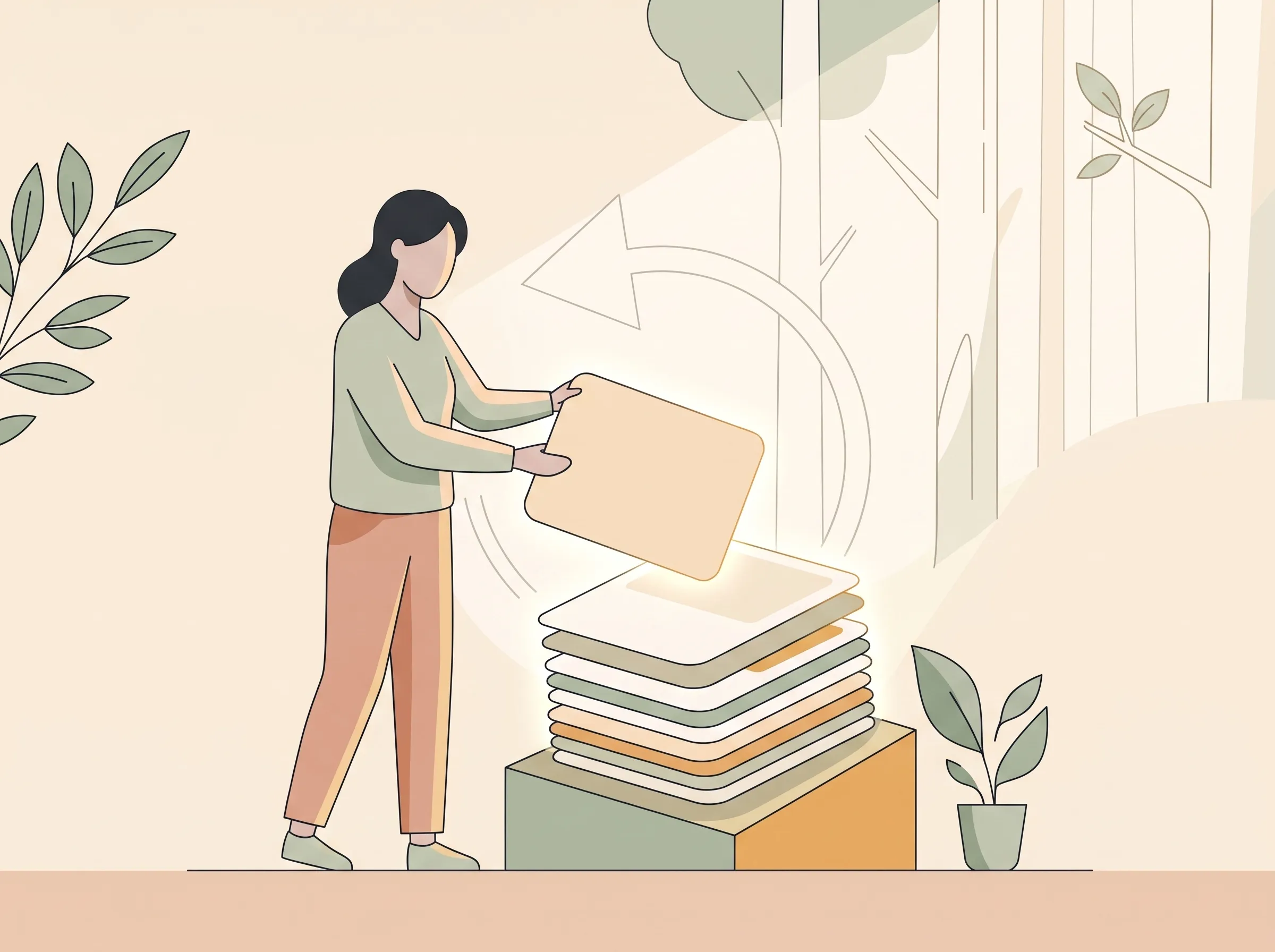 カードを積み重ねた履歴にそっと戻す人のイラスト