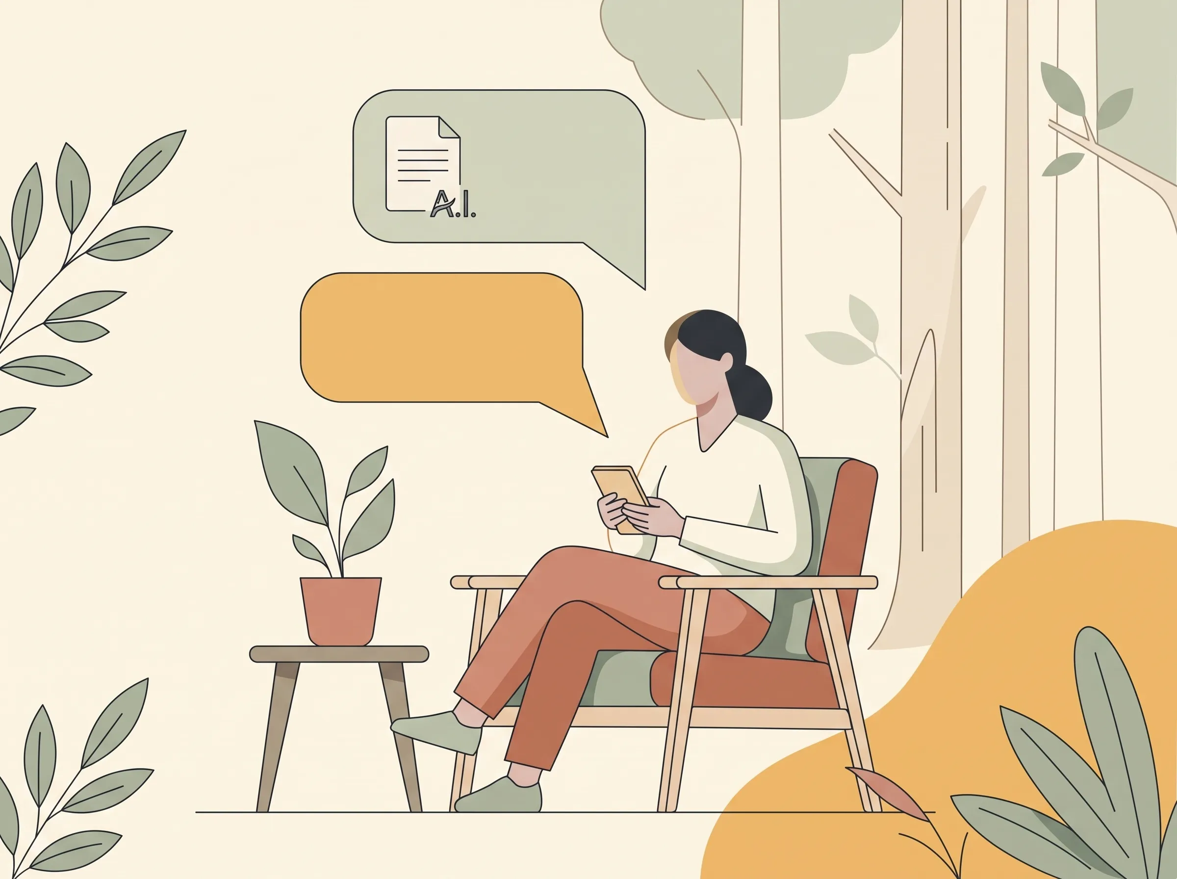 スマートフォンでAIと吹き出しをやり取りしながらくつろぐ人のイラスト